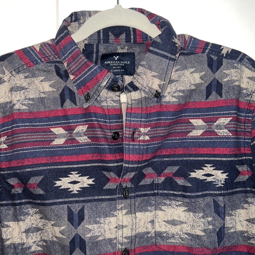 Aeo Gray/Navy Pattern Button Down - image 6